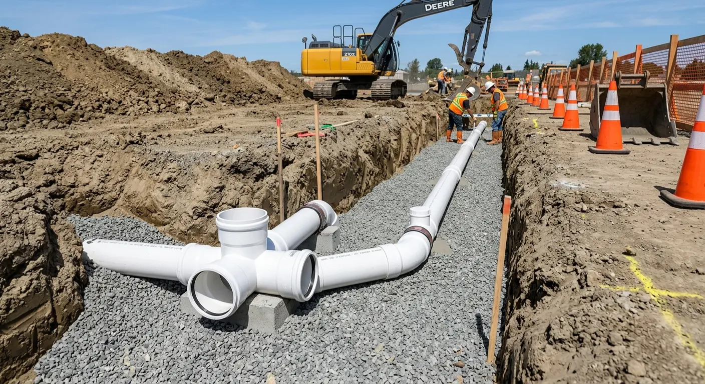 New PVC sewer pipe installation in open trench for Sewer Backup in Groveport