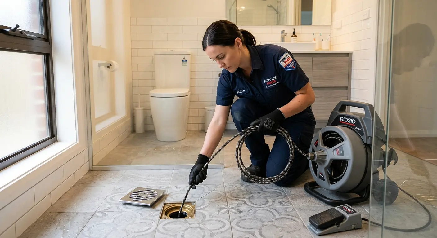 Technician clearing a bathroom floor drain for Drain Cleaning in Groveport
